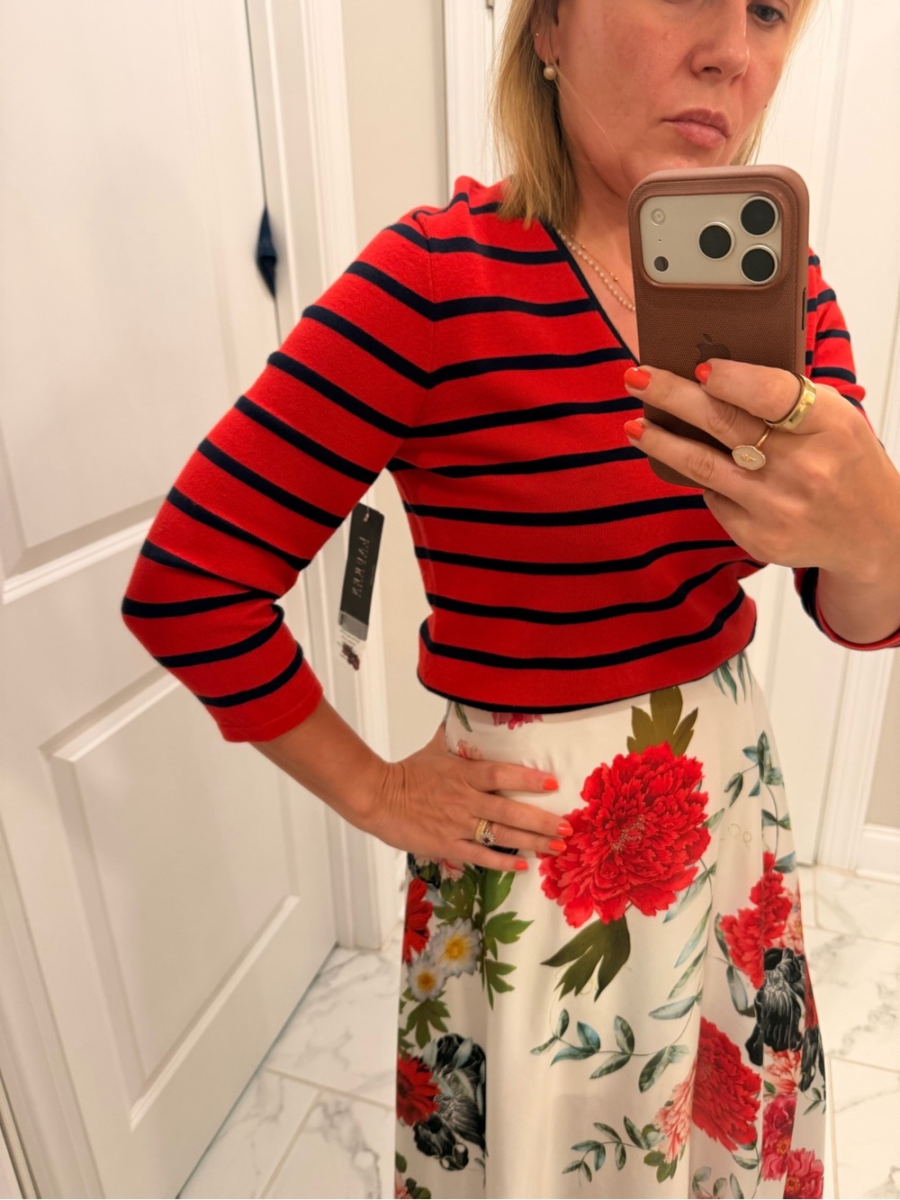 Lauren Ralph Lauren Red and Black Striped V-Neck Knit Top